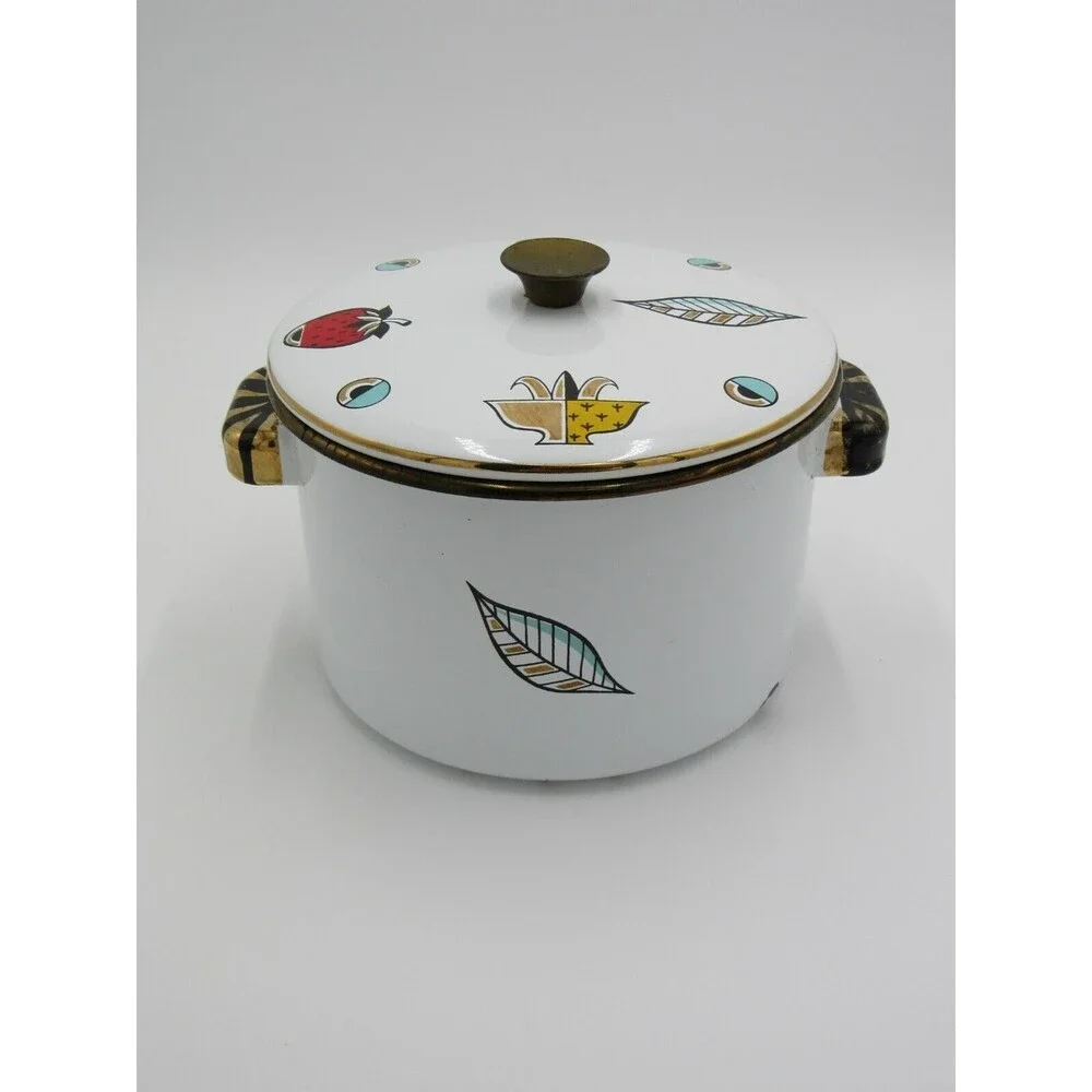 VTG MCM 2 qt Sauce Pot Georges Briard Ambrosia Pineapple Enamelware 60s Retro